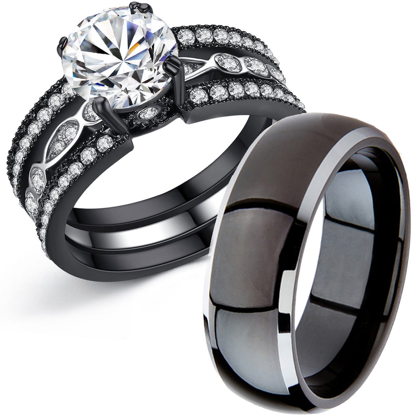 MABELLA Couple Rings Black Men¡¯s Stainless Steel Band Women CZ Stainless Steel Engagement Wedding Sets