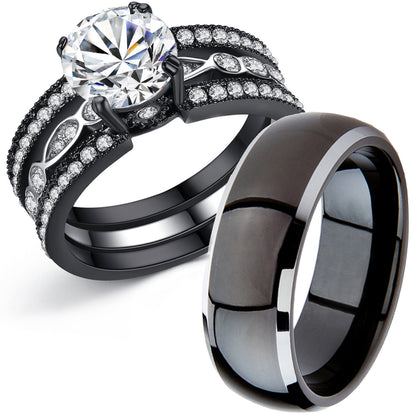 MABELLA Couple Rings Black Men¡¯s Stainless Steel Band Women CZ Stainless Steel Engagement Wedding Sets