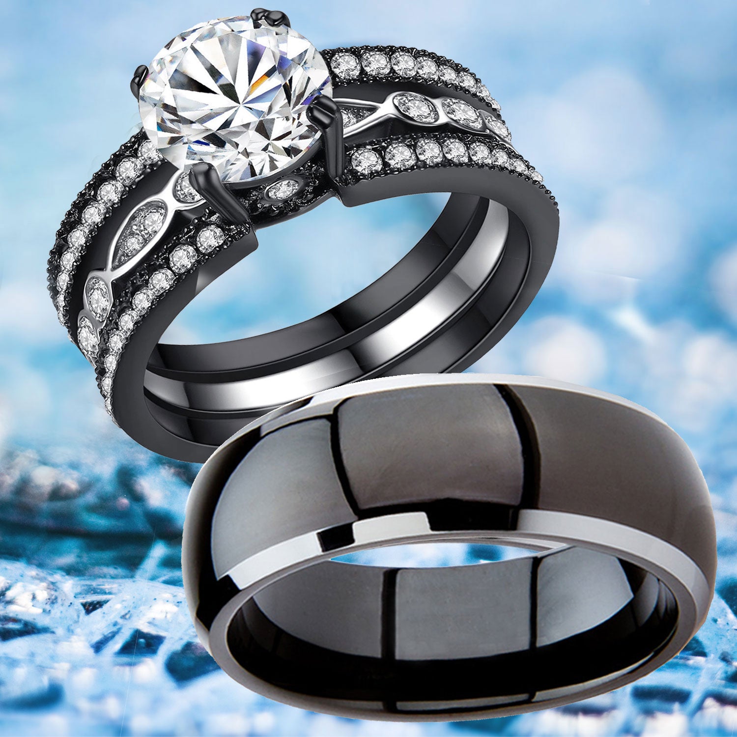 MABELLA Couple Rings Black Men¡¯s Titanium Matching Band Women CZ