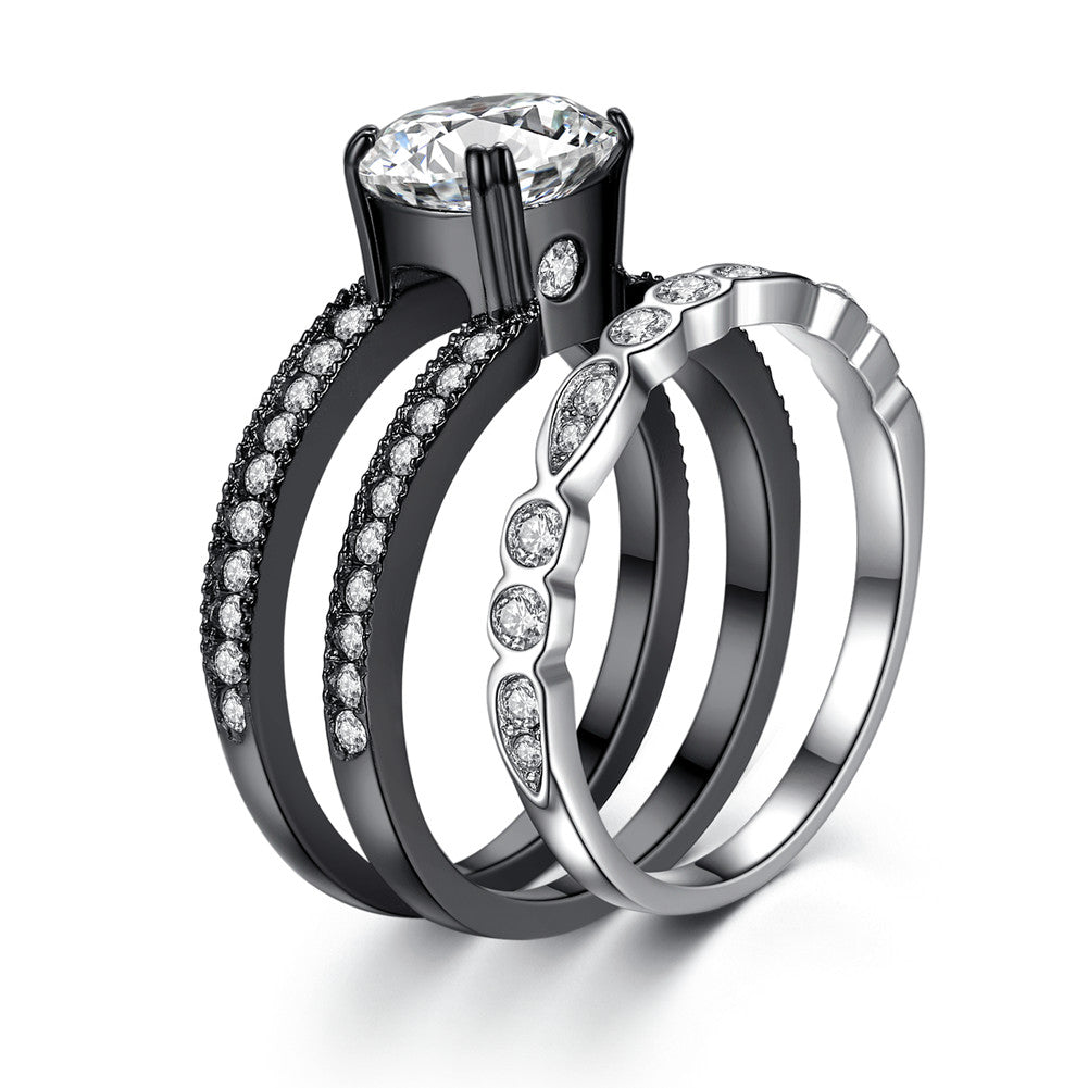 MABELLA Black Wedding Band Sets Engagement Ring Stainless Steel Round Cut Cubic Zirconia