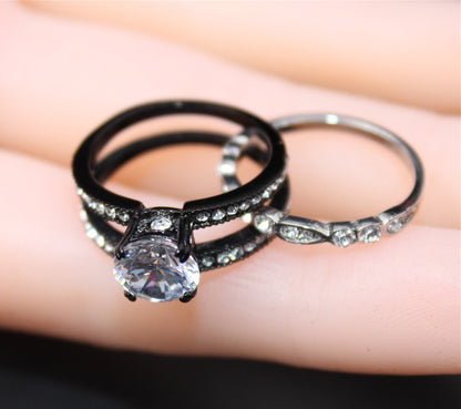 MABELLA Black Wedding Band Sets Engagement Ring Stainless Steel Round Cut Cubic Zirconia