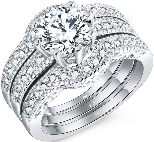 MABELLA Jewelry 2.50 CTW Halo Round White CZ 925 Sterling Silver Engagement Wedding Band Ring Sets