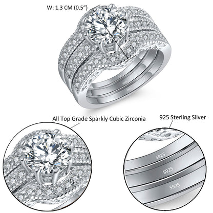 MABELLA Jewelry 2.50 CTW Halo Round White CZ 925 Sterling Silver Engagement Wedding Band Ring Sets