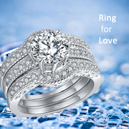 MABELLA Jewelry 2.50 CTW Halo Round White CZ 925 Sterling Silver Engagement Wedding Band Ring Sets