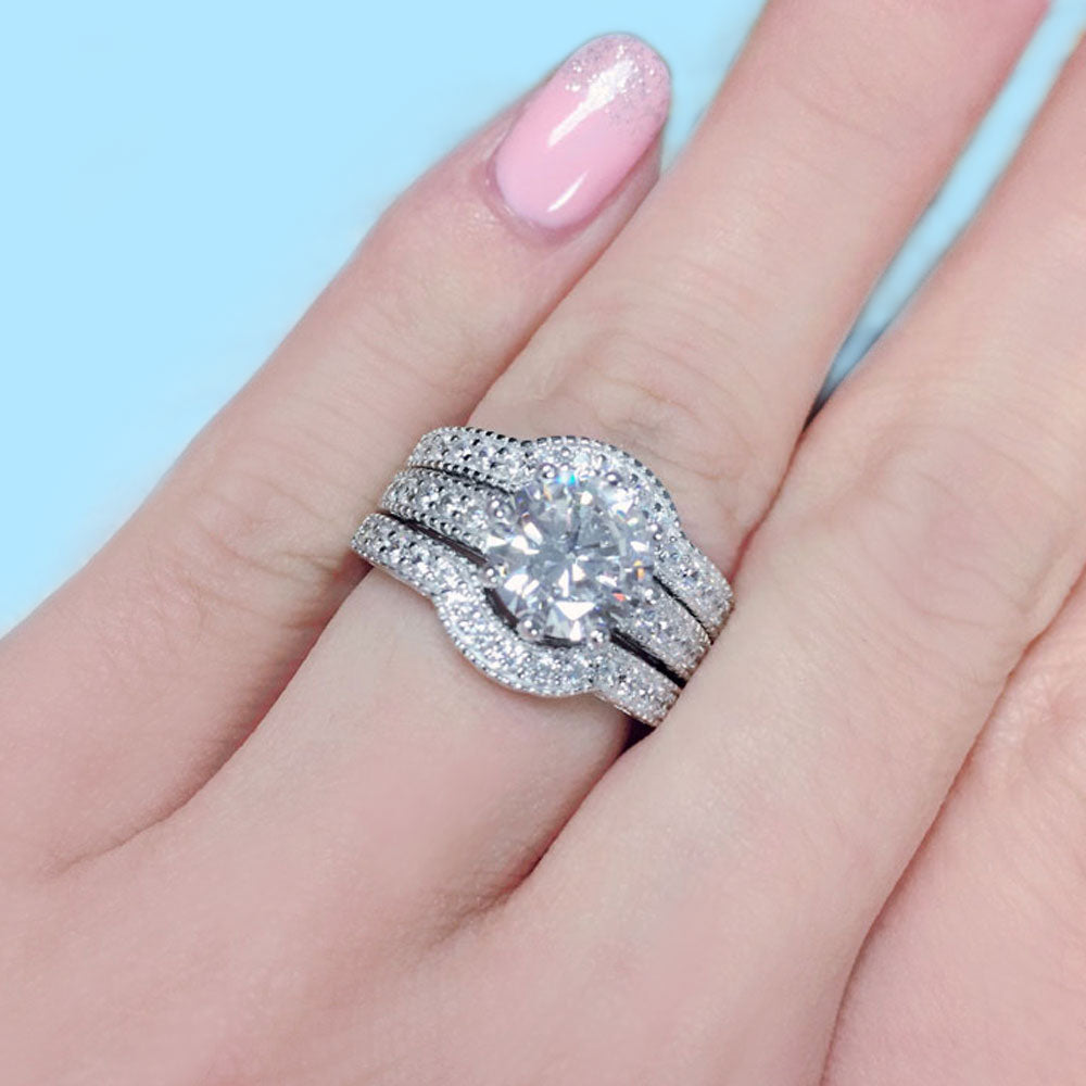 MABELLA Couples Rings Her CZ Sterling Silver Engagement Wedding Ring Sets His Stainless Steel Bands