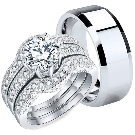 MABELLA Couples Rings Her CZ Sterling Silver Engagement Wedding Ring Sets His Stainless Steel Bands