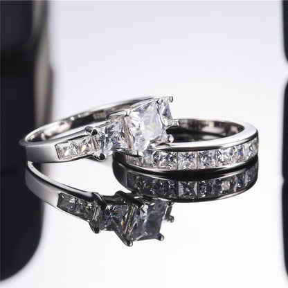 MABELLA Sterling Silver Three Stone CZ Princess Cut Wedding Engagement Bridal Set, Gifts for Women