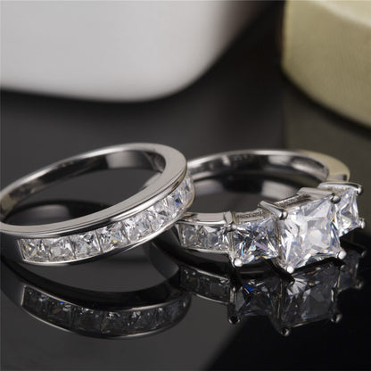 Sterling Silver Three Stone CZ Princess Cut Wedding Engagement Bridal Ring Set Valentines Day Gifts