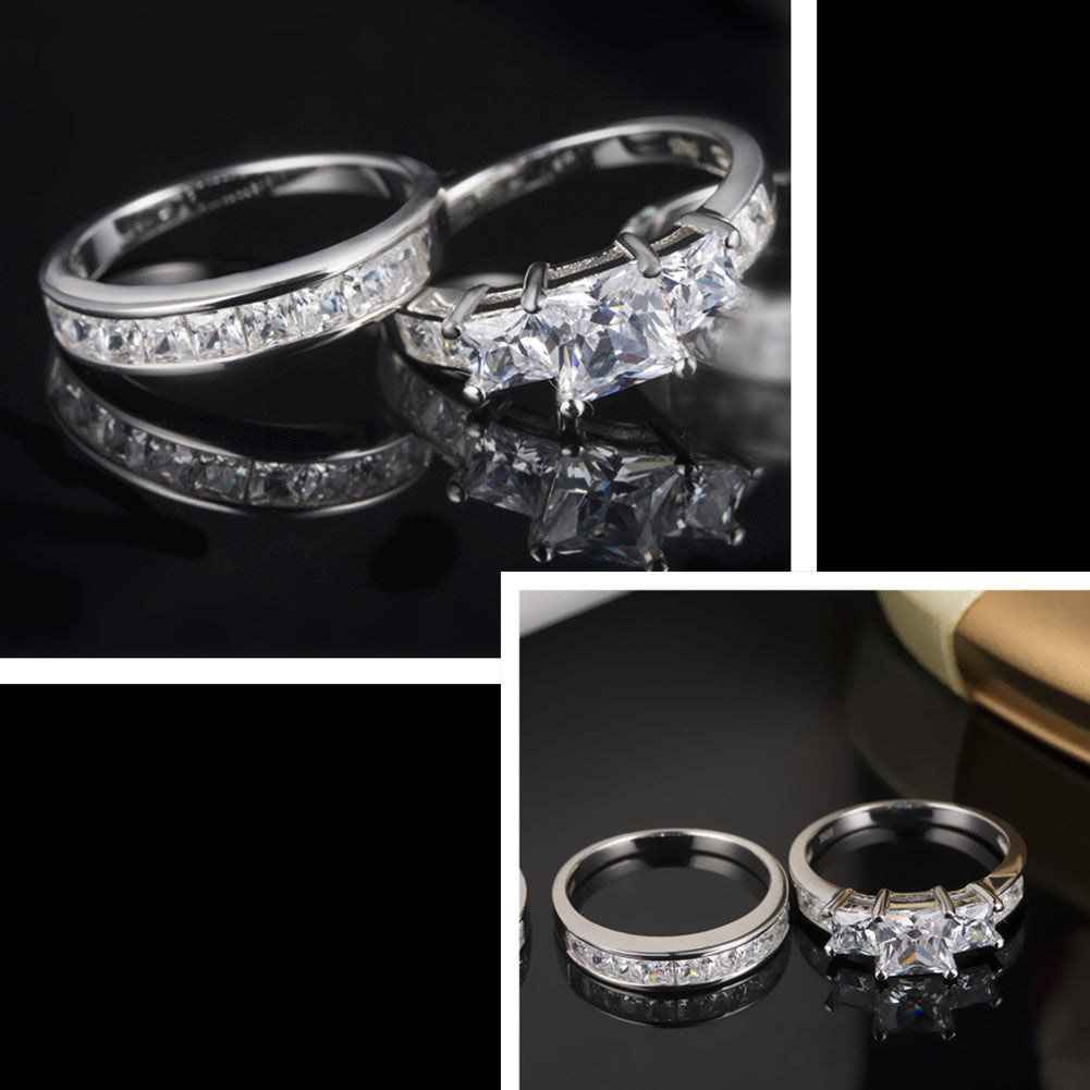 MABELLA Sterling Silver Three Stone CZ Princess Cut Wedding Engagement Bridal Set, Gifts for Women
