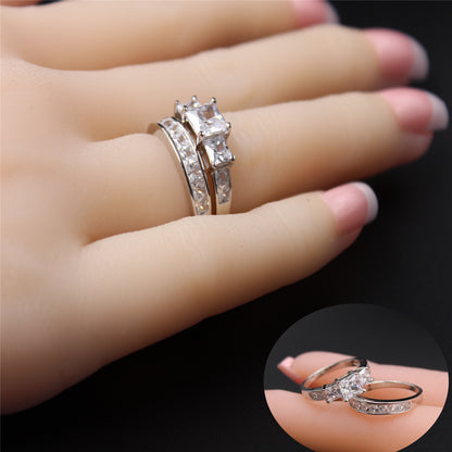 MABELLA Sterling Silver Three Stone CZ Princess Cut Wedding Engagement Bridal Set, Gifts for Women
