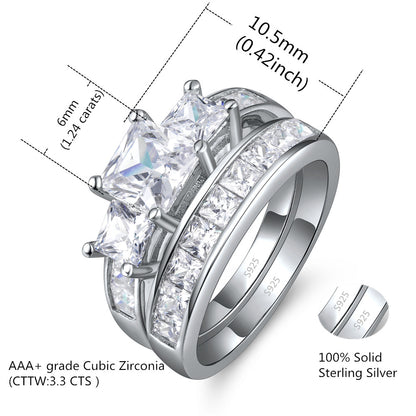 MABELLA Sterling Silver Three Stone CZ Princess Cut Wedding Engagement Bridal Set, Gifts for Women