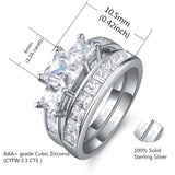 Sterling Silver Three Stone CZ Princess Cut Wedding Engagement Bridal Ring Set Valentines Day Gifts