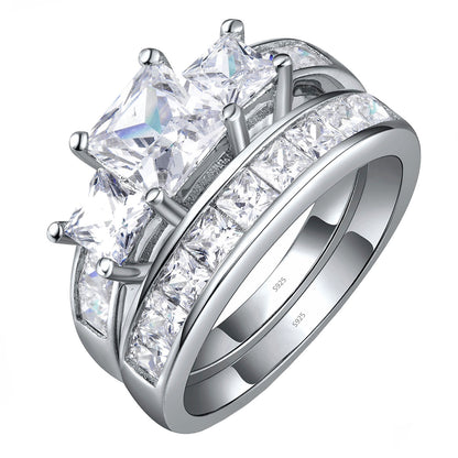 MABELLA Sterling Silver Three Stone CZ Princess Cut Wedding Engagement Bridal Set, Gifts for Women