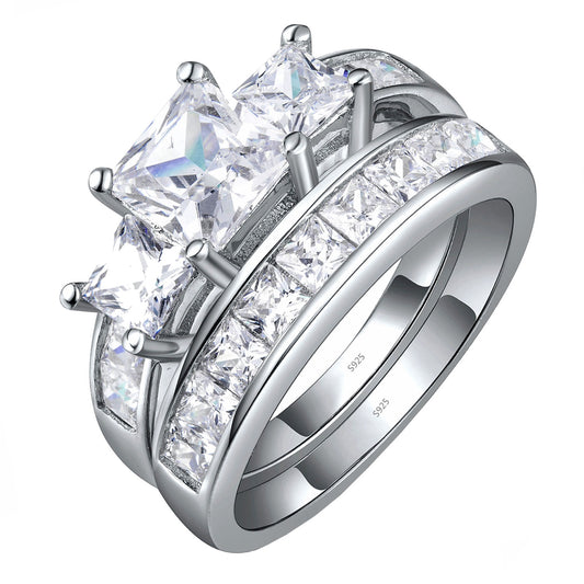 Sterling Silver Three Stone CZ Princess Cut Wedding Engagement Bridal Ring Set Valentines Day Gifts