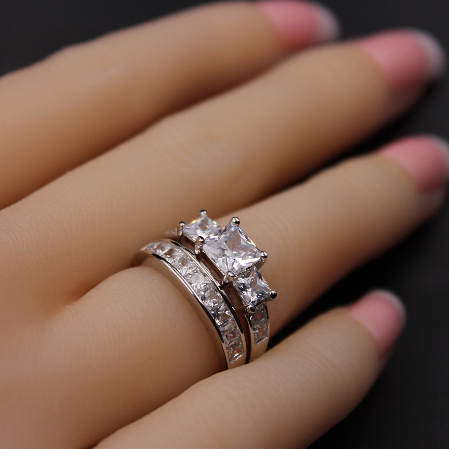 MABELLA Couple Rings Men Stainless Steel Ring Women Three Stone Princess Cut Sterling Silver Rings