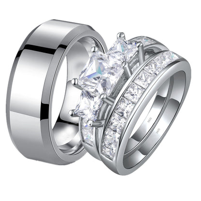 MABELLA Couple Rings Men Stainless Steel Ring Women Three Stone Princess Cut Sterling Silver Rings