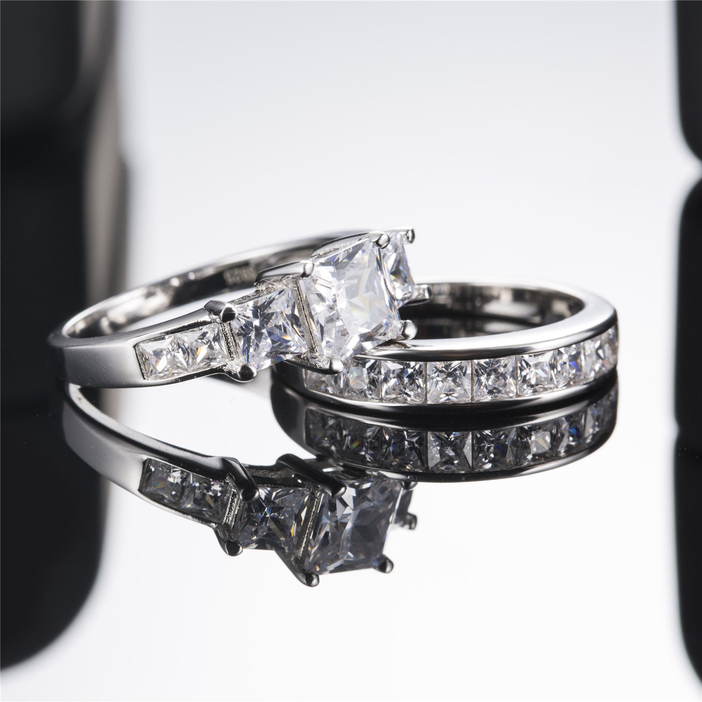 MABELLA Couple Rings Men Stainless Steel Ring Women Three Stone Princess Cut Sterling Silver Rings
