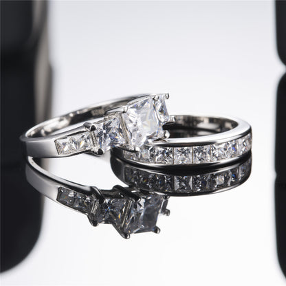 MABELLA Couple Rings Men Stainless Steel Ring Women Three Stone Princess Cut Sterling Silver Rings