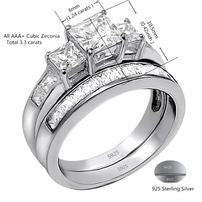 MABELLA Couple Rings Men Stainless Steel Ring Women Three Stone Princess Cut Sterling Silver Rings