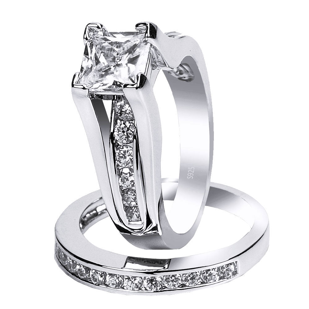 MABELLA Couples Ring Sets Women's Sterling Silver Princess CZ & Men's Stainless Steel Bands