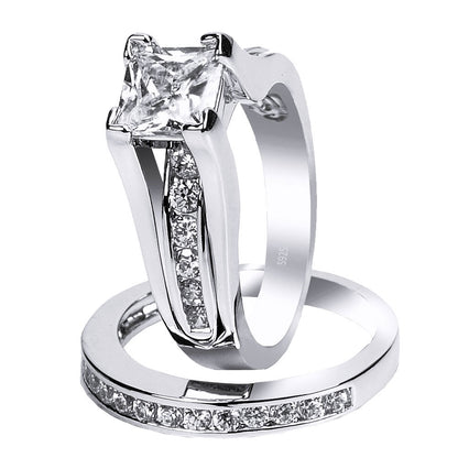 MABELLA Couples Ring Sets Women's Sterling Silver Princess CZ & Men's Stainless Steel Bands