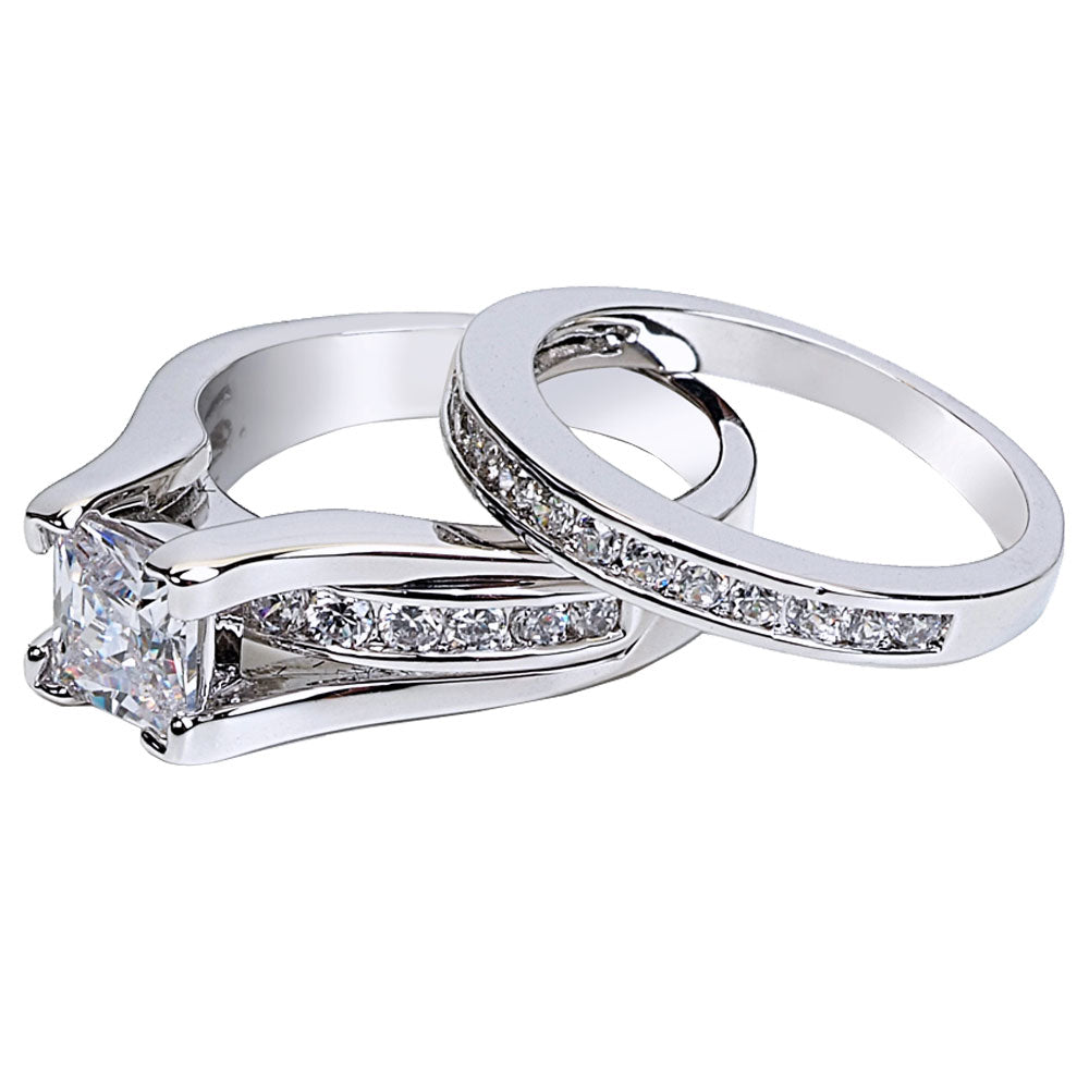 MABELLA 925 Sterling Silver Cubic Zirconia Princess Cut Women's Wedding Engagement Bridal Ring Set