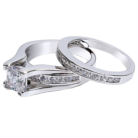 MABELLA 925 Sterling Silver Cubic Zirconia Princess Cut Women's Wedding Engagement Bridal Ring Set
