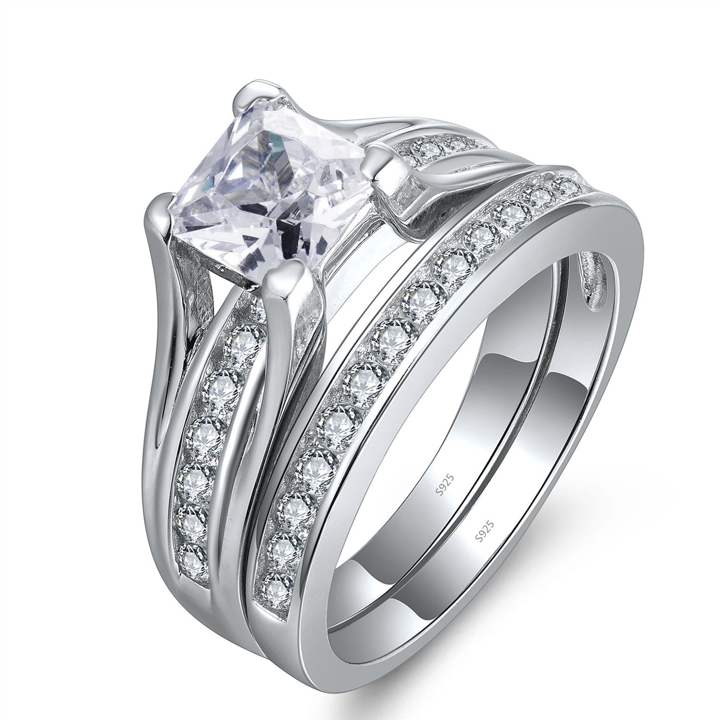 MABELLA 925 Sterling Silver Cubic Zirconia Princess Cut Women's Wedding Engagement Bridal Ring Set