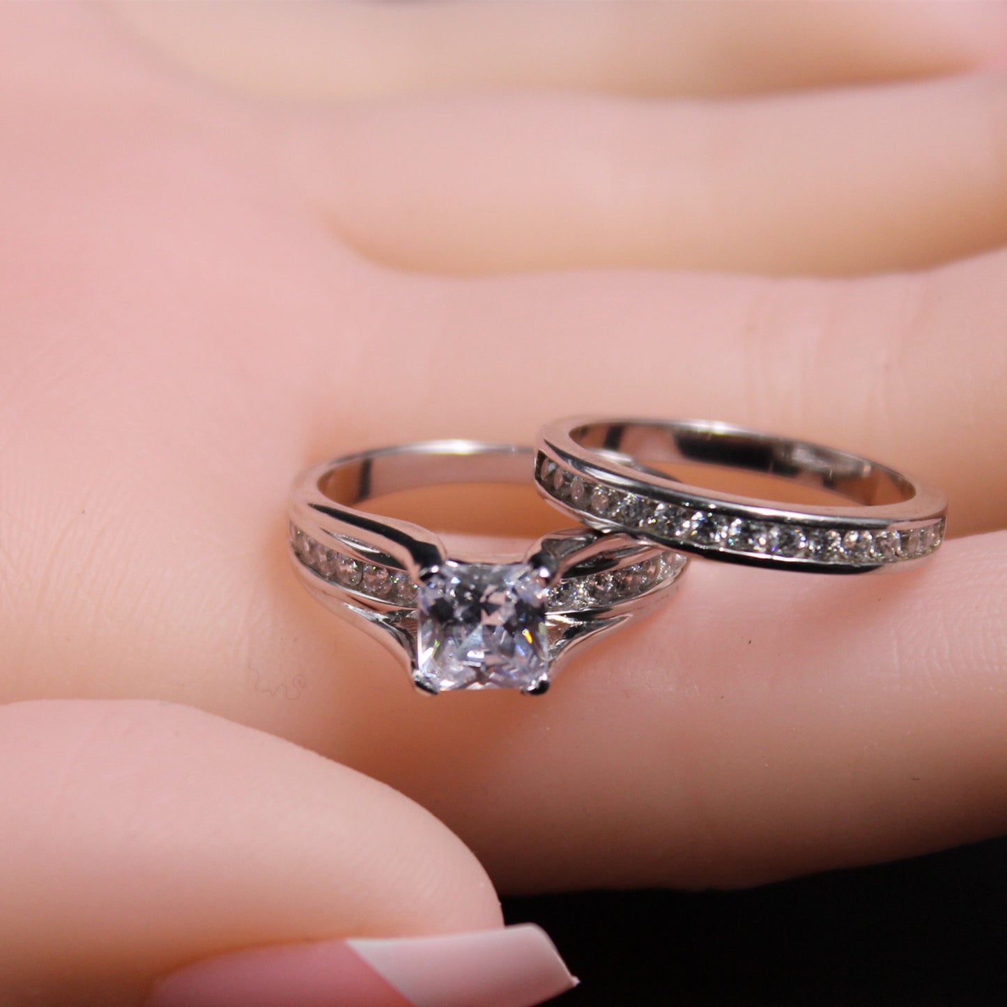 MABELLA Couples Ring Sets Women's Sterling Silver Princess CZ & Men's Stainless Steel Bands