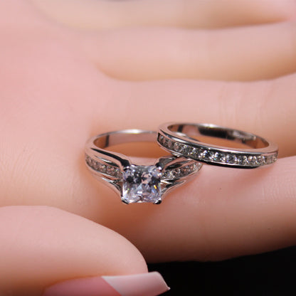 MABELLA Couples Ring Sets Women's Sterling Silver Princess CZ & Men's Stainless Steel Bands