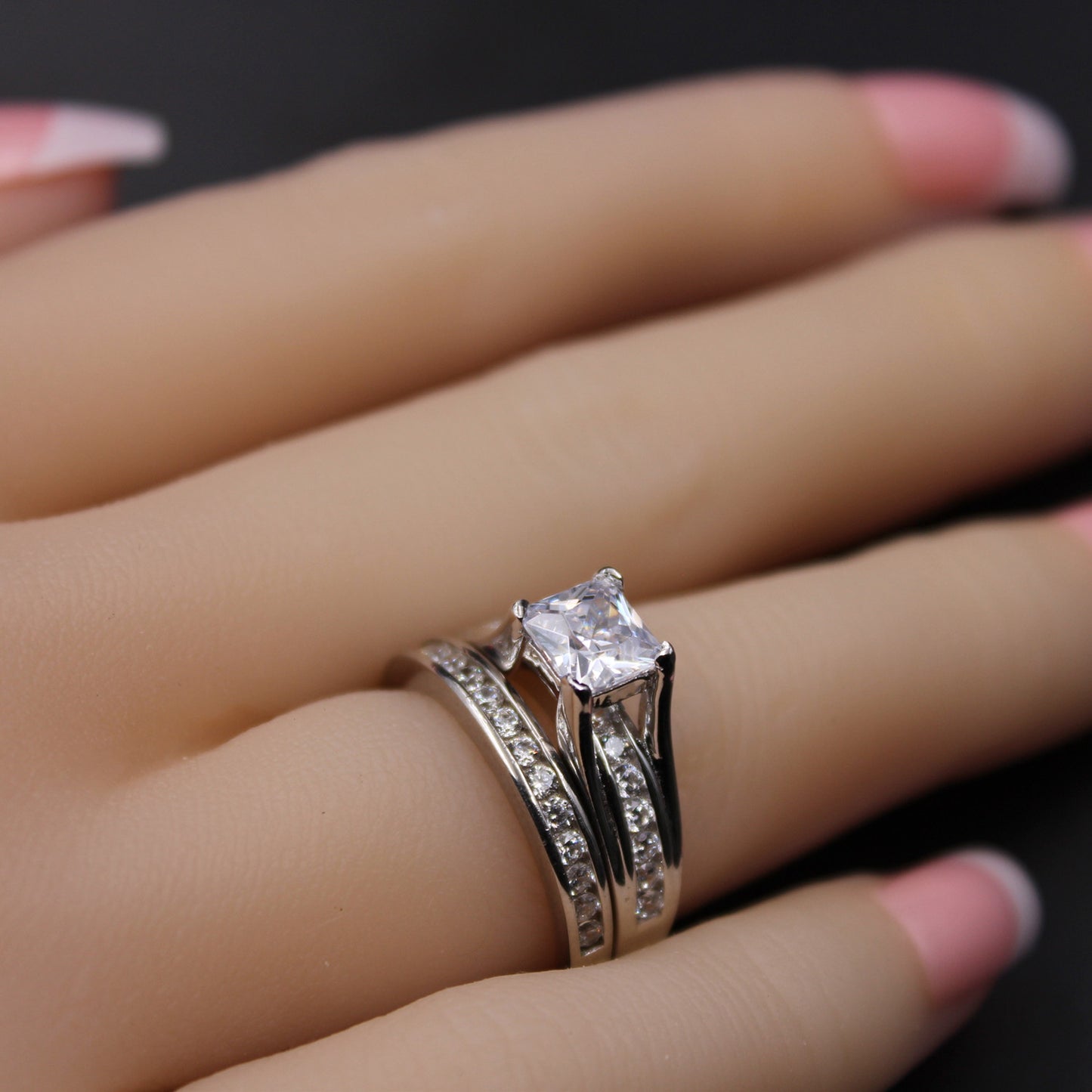 MABELLA Couples Ring Sets Women's Sterling Silver Princess CZ & Men's Stainless Steel Bands