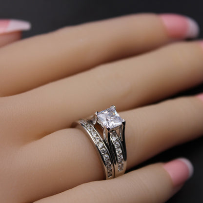 MABELLA Couples Ring Sets Women's Sterling Silver Princess CZ & Men's Stainless Steel Bands