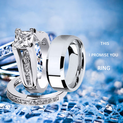 MABELLA Couples Ring Sets Women's Sterling Silver Princess CZ & Men's Stainless Steel Bands