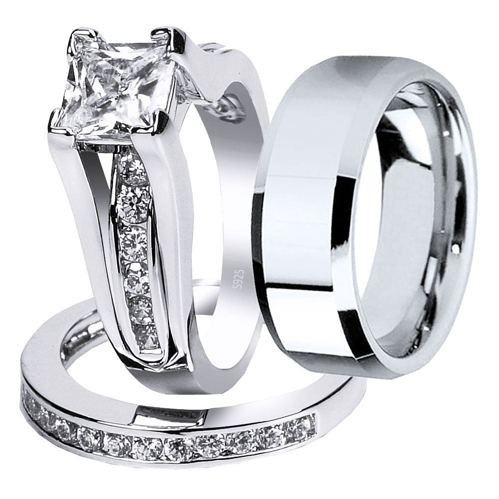 MABELLA Couples Ring Sets Women's Sterling Silver Princess CZ & Men's Stainless Steel Bands