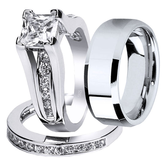 MABELLA Couples Ring Sets Women's Sterling Silver Princess CZ & Men's Stainless Steel Bands