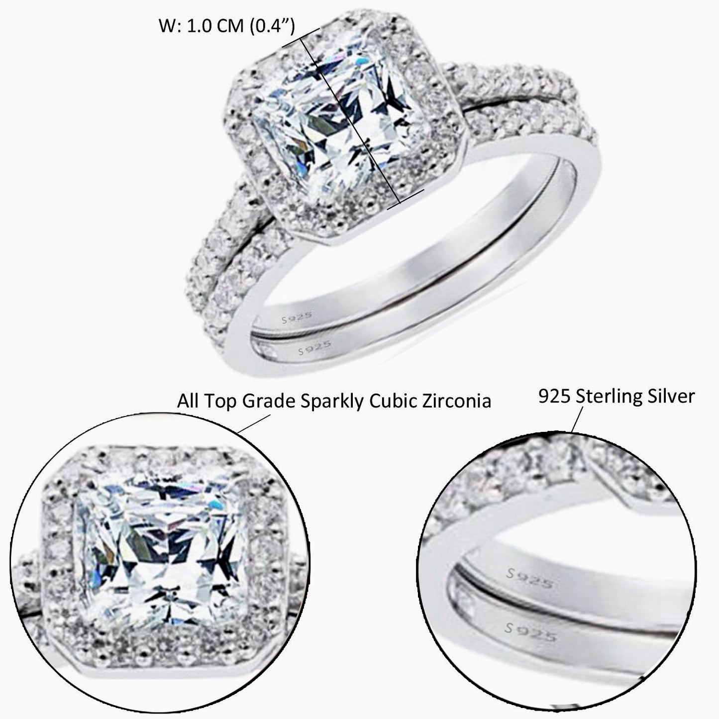 MABELLA Women's 1.8 CTW Princess Cut 925 Sterling Silver CZ Wedding Engagement Ring Set