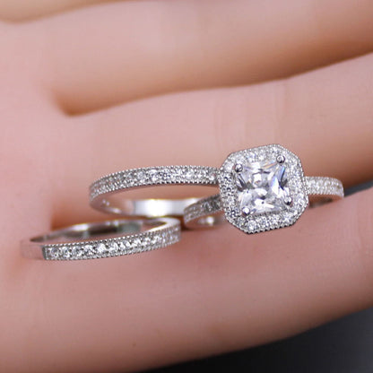 MABELLA 3 Piece Ring Band Set Princess Sterling Silver CZ Wedding Engagement