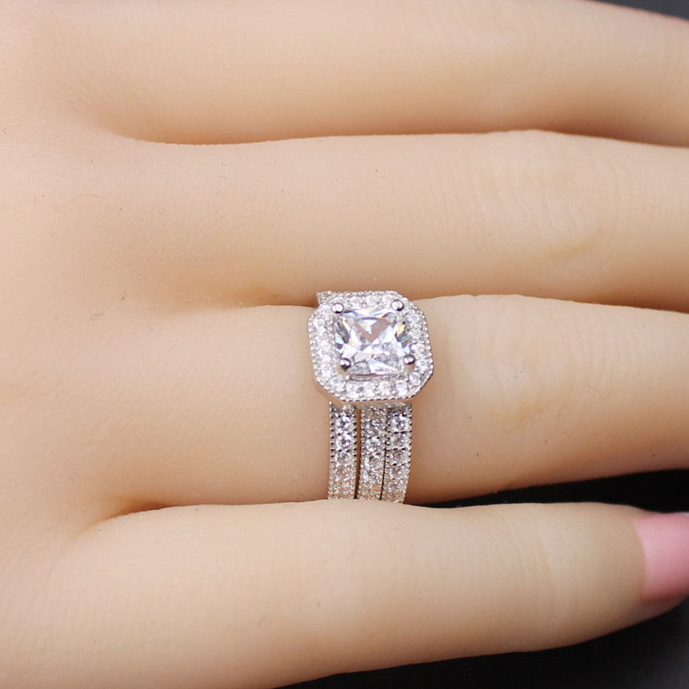 MABELLA 3 Piece Ring Band Set Princess Sterling Silver CZ Wedding Engagement