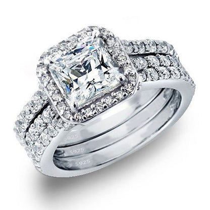 MABELLA 3 Piece Ring Band Set Princess Sterling Silver CZ Wedding Engagement