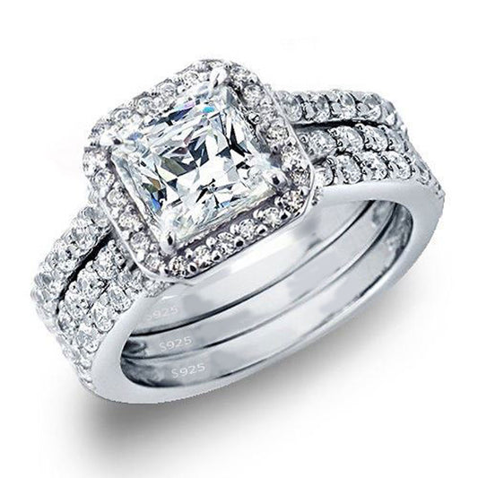 MABELLA 3 Piece Ring Band Set Princess Sterling Silver CZ Wedding Engagement