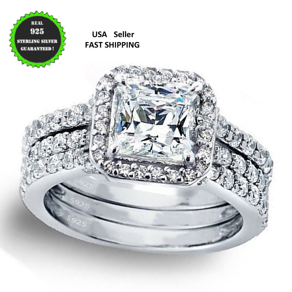 MABELLA 3 Piece Ring Band Set Princess Sterling Silver CZ Wedding Engagement
