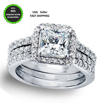 MABELLA 3 Piece Ring Band Set Princess Sterling Silver CZ Wedding Engagement
