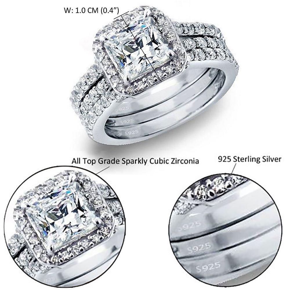 MABELLA 3 Piece Ring Band Set Princess Sterling Silver CZ Wedding Engagement