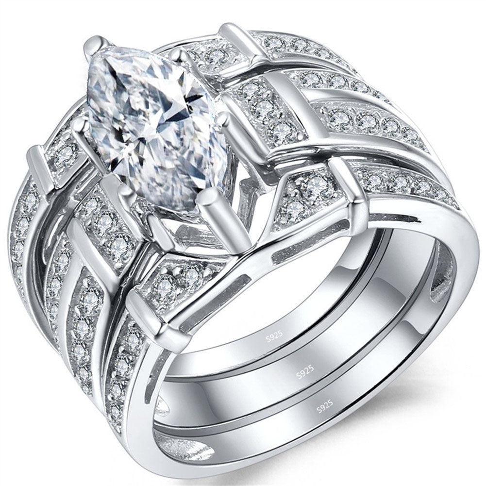 MABELLA Trio Sterling Silver Cubic Zirconia Cz Marquise Wedding Ring Set Anniversary Gifts for Women