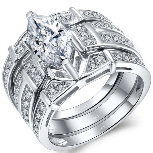 MABELLA Trio Sterling Silver Cubic Zirconia Cz Marquise Wedding Ring Set Anniversary Gifts for Women