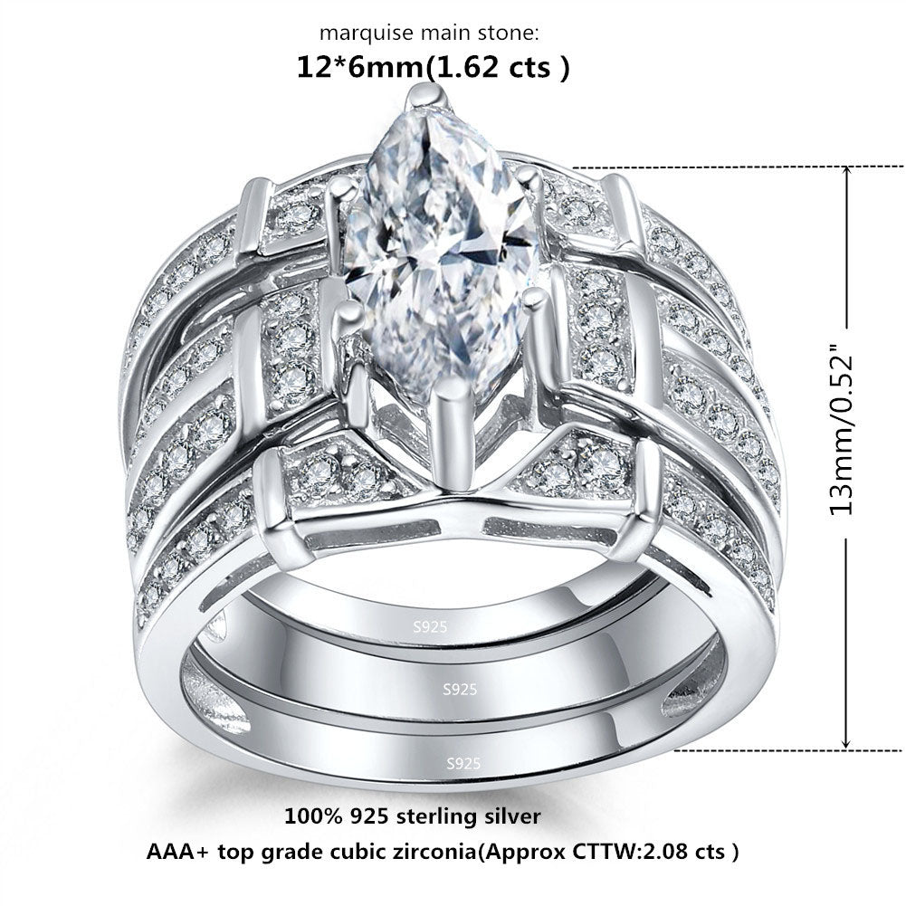 MABELLA Trio Sterling Silver Cubic Zirconia Cz Marquise Wedding Ring Set Anniversary Gifts for Women