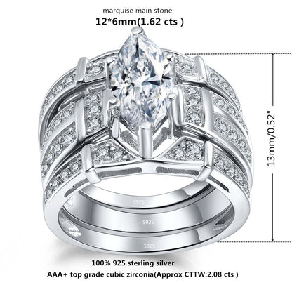 MABELLA Trio Sterling Silver Cubic Zirconia Cz Marquise Wedding Ring Set Anniversary Gifts for Women