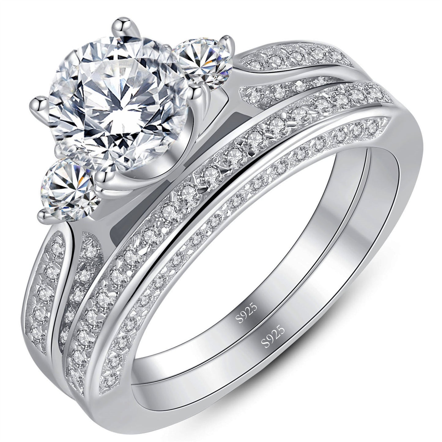 MABELLA Three Stone Silver Wedding Ring Set 2.3 Carats Round Cut Cubic Zirconia Gift for Women