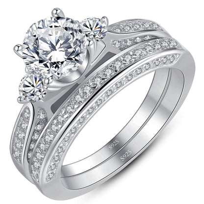MABELLA Three Stone Silver Wedding Ring Set 2.3 Carats Round Cut Cubic Zirconia Gift for Women