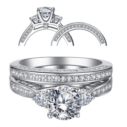 MABELLA Three Stone Silver Wedding Ring Set 2.3 Carats Round Cut Cubic Zirconia Gift for Women